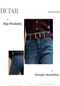Detailed view of high waisted flared jeans with back pockets and a matte leather belt