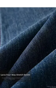 Close-up of Lycra four-way stretch denim fabric showing twill weave and texture