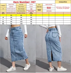 Size guide for blue stretch denim skirt showing detailed S-2XL dimensions and fit