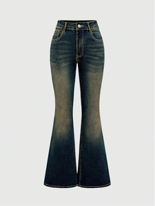 Retro high-waisted dark blue flared jeans with vintage washing and five-pocket design