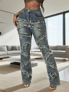 Jean en Denim Patchwork Détruit pour Femme Bleu Rétro Taille Haute Coupe Slim Bord Cru Streetwear en Mélange de Coton