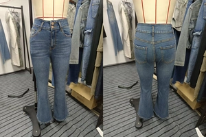 Detailed front and back view of retro washed flare jeans with double-button high waist