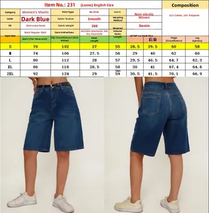Detailed size guide table and fit comparison for women's relaxed fit denim shorts