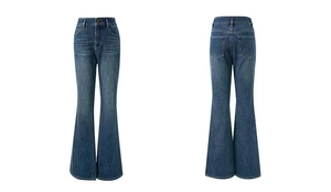 Front and back view of retro flared high waist jeans with double buttons and whiskers