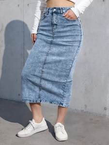 High-waisted light blue denim midi skirt with front seam design and casual straight fit