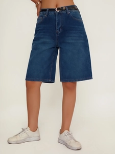 Women's deep blue denim bermuda shorts with slim belt and straight cut fit