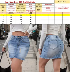 Guida alle taglie per minigonna in denim azzurro strappato con dettagli su tessuto e misure