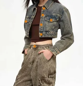 Detailed view of vintage acid wash denim jacket with classic American street style design