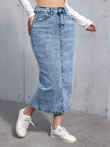 Classic light blue high-waisted denim midi skirt with front seam detail and washed finish