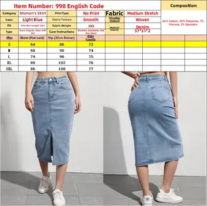 Size chart and fabric details for high waist light blue denim midi skirt with front slit