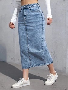 Women High Waist Light Blue Washed Denim Midi Skirt With Slit Distressed Stretch American Casual Jean Skirt