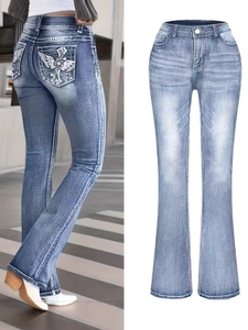 Women Vintage Slim Fit Flare Jeans With Wings Cross Embroidery Washed Denim Mid Rise Casual Retro Streetwear Trousers