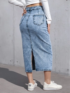 Light blue wash denim skirt with back slit and high waist for casual American style
