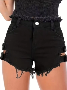 Black high-waisted denim shorts with frayed edges and hollow side metal buckles