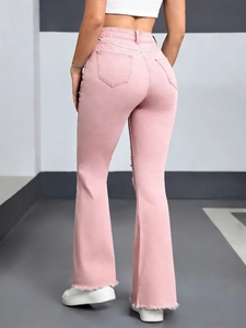 Pink high-waisted flare jeans for women with heart embroidery and raw hem edges