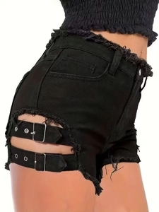 Women's Black Cotton Denim Shorts With Side Cutouts Metal Buckles Punk Frayed Distressed Fringed Streetwear Short Jeans