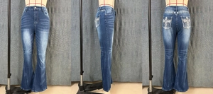 Three-way view of high-waist flare jeans with cross embroidery and Y2K sequins