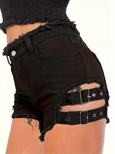 Women black denim shorts with side cut-outs, adjustable metal buckles and frayed hems
