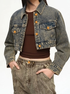Women Vintage Acid Wash Denim Jacket Cropped Retro Hong Kong Style Streetwear Casual Cotton Blend Jean Jacket Coat