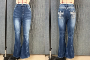 Detailed front and back views of high waist flare jeans with cross embroidery and sequins