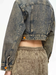 Retro acid wash cropped denim jacket and matching pants with vintage texture