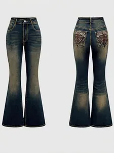 Women Vintage Flare Jeans Cotton Denim Pants High Waist Distressed Washed Trousers With Gothic Embroidery Casual Streetwear