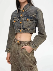Vintage wash denim jacket and high waist cargo pants set in retro aesthetic