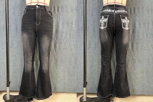 Detailed front and back view of black flared jeans with contrast stitching and embroidery