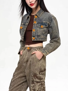 Retro washed denim jacket and high-waist cargo pants set in vintage yellow tone