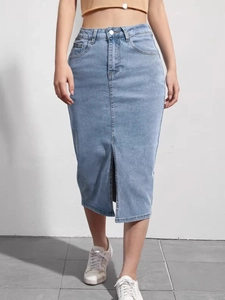Women High Waist Light Blue Denim Midi Skirt Distressed Slit Cotton Blend Washed Casual Bodycon Pencil Skirt For Daily Wear