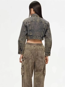 Retro grey wash cropped denim jacket and cargo pants set, back view on white background