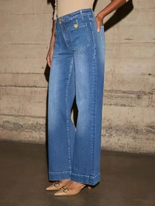 Women's high waist wide leg blue jeans with gold buttons and decorative pockets