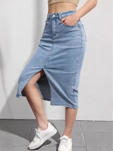 High waist light blue denim midi skirt with front slit and classic five-pocket design
