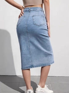 High waist light blue denim midi skirt with split hem and rear pockets for women