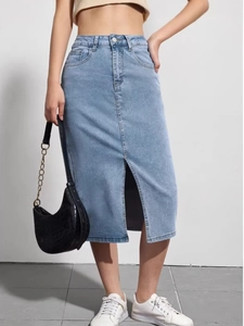 High waist light blue denim midi skirt with front slit and classic five-pocket design
