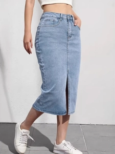 High waist light blue wash denim midi skirt with front slit and slim fit for women