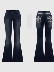 Women's Retro Y2K Cross Embroidery Flare Jeans Rhinestone High Waist Washed Denim Pants Gothic Slim Fit Bell Bottom Trousers