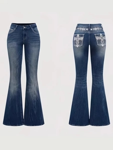 Deep blue flare jeans with cross embroidery and cat-whisker wash front and back view
