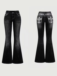 Women's flared jeans with high waist, cross embroidery, and washed denim finish in dark grey
