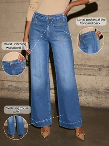 Women's Retro High Waisted Wide Leg Jeans Straight Loose Cotton Denim Pants With Decorative Metal Buttons Casual Streetwear