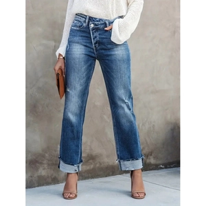 Jeans en Denim à Jambe Droite et Taille Haute Croisée pour Femmes Bleu Délavé avec Large Revers Pantalon en Coton