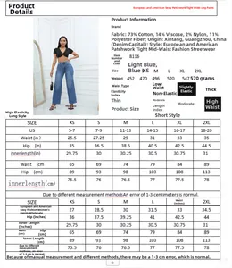 Tableau des tailles détaillé pour jeans droits déchirés avec composition du tissu