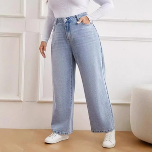 Damen Übergröße Hohe Taille Weites Bein Denim Jeans Locker Gerade Passform Gewaschen Blau Baumwollmischung Lässige Hose