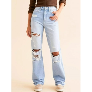 Jeans Troués pour Femmes Streetwear en Denim de Coton Lavé Taille Haute Pantalon Droit Bleu Classique Pantalon Long Décontracté