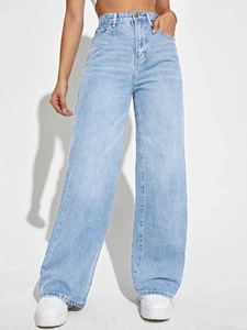 Close-up of light blue wide-leg jeans with classic five-pocket design and metallic button