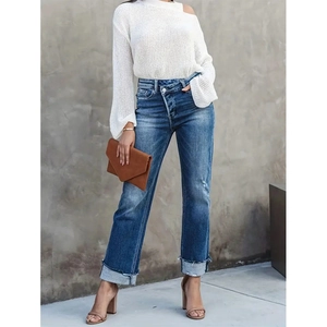 Jeans droits bleu foncé à taille haute pour femmes avec taille asymétrique et ourlets repliés