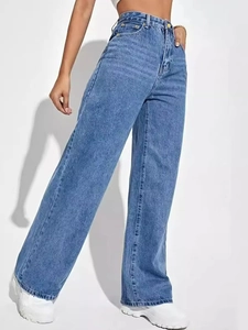 Detailed view of blue wide-leg jeans with high-waist design and golden buttons