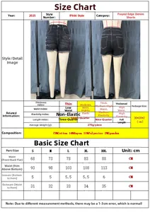 Guide des tailles pour short en jean effiloché avec détails du tissu et mesures