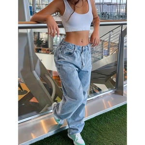 Jean à Taille Haute et Jambes Larges pour Femmes Denim Délavé Vintage Pantalon Droit Décontracté Baggy Coton Streetwear Bleu Gris