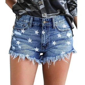 Sternenprint Denim Shorts Zerrissen Fransen Saum Hohe Taille Sexy Dehnbar Clubwear Damen Sommer Mode Lässig Blau